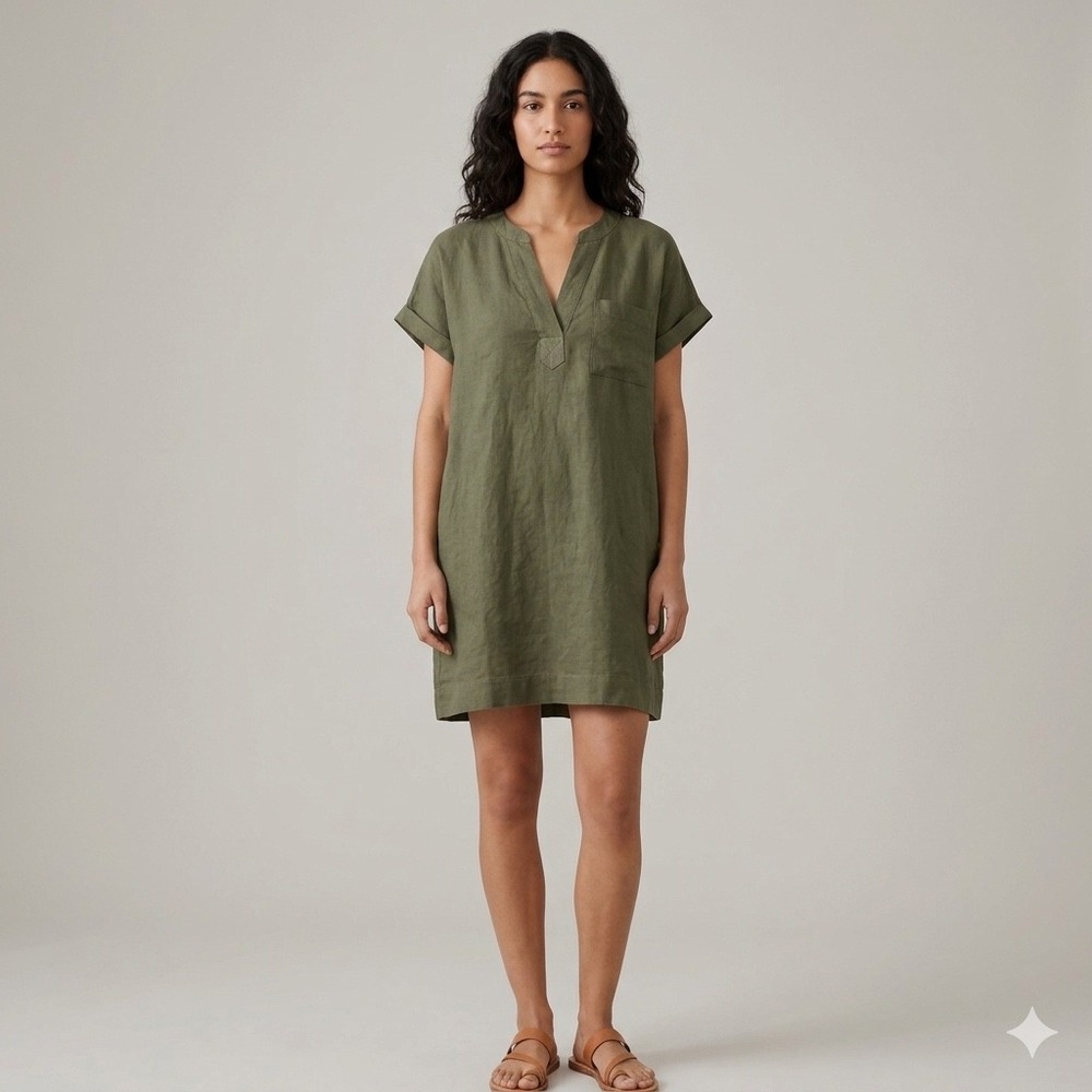 Lou & Grey Dress Womens XS Green 100% Linen V-Neck Shift Pockets Coastal Summer